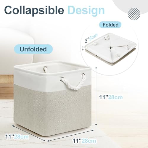 Posprica 11×11 Storage Cubes, Collapsible Storage Bins Organizer for Closet, Fabric Storage Box with Cotton Rope Handles, Decorative Storage Baskets for Shelves, set of 6 - White/Coffee - Image 2