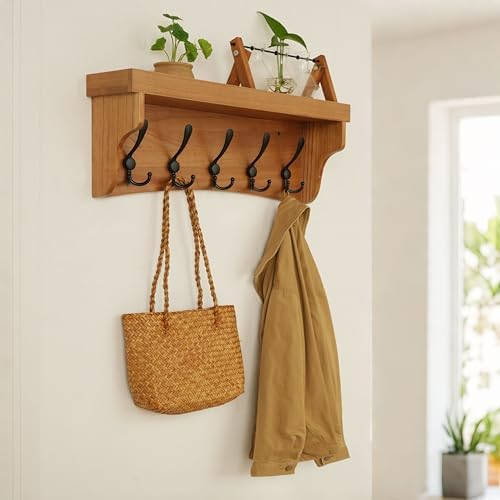 WEBI Wall Shelf with Hooks Underneath,24" Long Coat Rack Wall Mount with Shelf,Key Rack for Wall,5 Triple Hooks for Hanging Coats,Clothes,Jacket,Bathroom,Entryway,Light Brown - Image 3