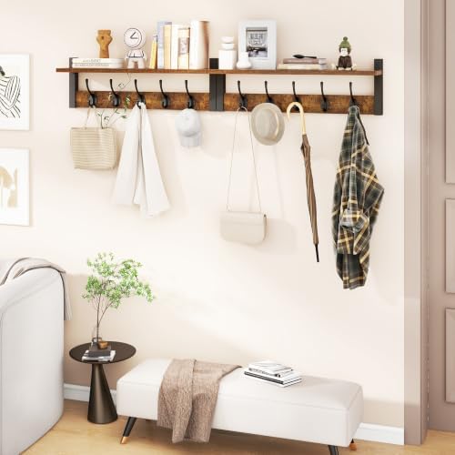 47.2" Coat Rack Wall Mount with Shelf and 10 Hooks, Rustic Brown UHWS004H-2 - Image 7