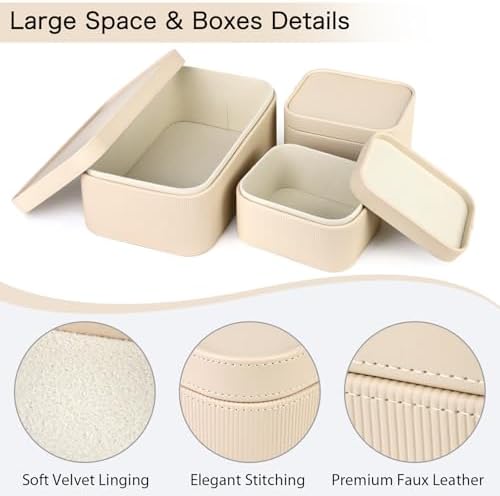 HofferRuffer Faux Leather Decorative Storage Boxes, Dust proof Storage Shelf Baskets with Lids Trays, Storage Bins Memory Box Organizer for Home, Office, Jewelry & More, Set of 3 (Beige) - Image 4