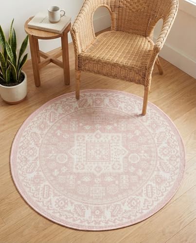 Rugs.com - Outdoor Aztec Rug – 3 Ft Round Pink Indoor/Outdoor Rug – Weather-Resistant Flatweave for Patios, Decks, and Porches - Image 3