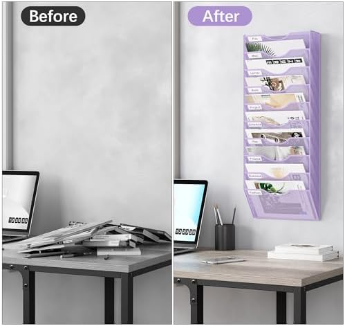 EasyPAG 10 Pocket Mesh Wall File Organizer, Hanging Paper Folder Holder with Classify Label, Vertical Wall Mount Mail Organizer for Office Home Classroom, Purple - Image 5