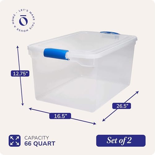 HOMZ Clear Plastic Storage Bins w/Latching Lid, 66 Qt, Blue Latch, 2 Pack - Image 4