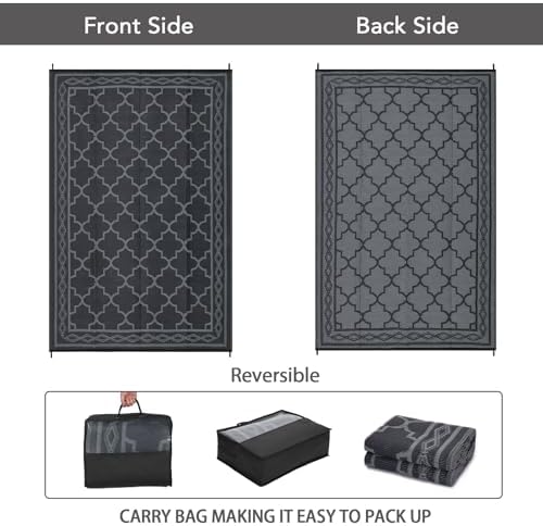 GlowSol Outdoor Rug 9x12 for Patios Waterproof Mat Outdoor Plastic Straw Rug Clearance, Reversible Carpet for Rv,Large Outside Carpet for Porch, Deck, Camper, Balcony, Backyard, Picnic,Black Grey - Image 3
