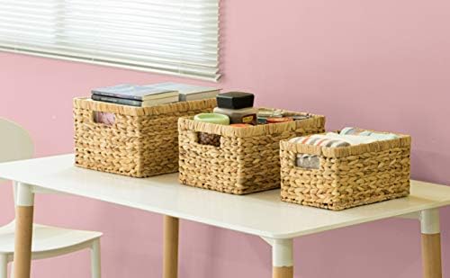 Natural Woven Water Hyacinth Wicker Rectangular Storage Bin Basket with Handles, Set of 3 - Image 2