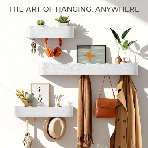 Coat Rack Wall Mount with Shelf Entryway Shelf Modern Key Holder Hanger Wall Shelves with Hidden Hooks for Hanging Towels Coats Hats Bags for Hallway Bathroom Bedroom (Wavy White, 5 Hooks) - Image 3