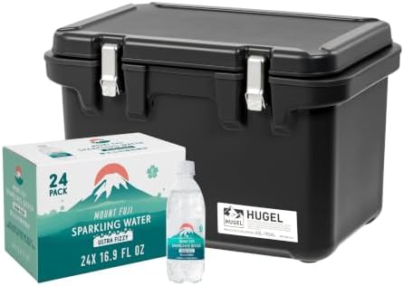 IRIS USA Hugel 44 QT Cooler, Heavy-Duty Hard Ice Chest with Vacuum Insulation, Plus 24-Pack IRIS Sparkling Water from Mount Fuji, Strong Carbonation Bundle by IRISUSA
