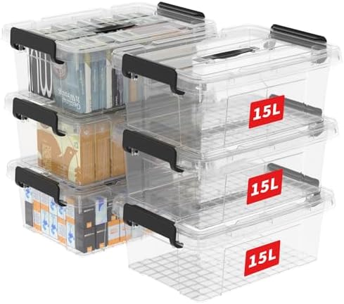 Cetomo Lidded Storage Bin with Handle, Storage Bins with Lid, Organizing Container with Secure Latching Buckles, Stackable and Nestable, Plastic, 18 Quart-6 Pack, Clear by Cetomo