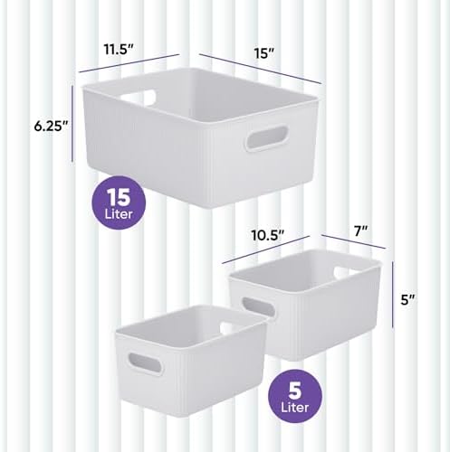 Superio Ribbed Collection - Decorative Plastic Basket Open Home Storage Bins Organizer, White Smoke (Set of 3) 1 Large, 2 Medium - Container Boxes for Organizing Closet Storage Bins for Shelves - Image 2