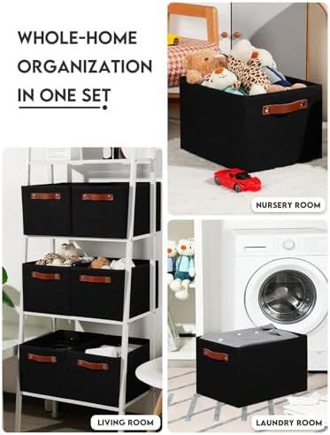 Fabric Storage Bins (15x11x9.5”) – Reinforced 2.5mm Cardboard Shelf Bins with PU Leather Handles – [6-Pack] Durable Storage Baskets for Closet Organization, Toy Organizer, & Home Office – Black - Image 6