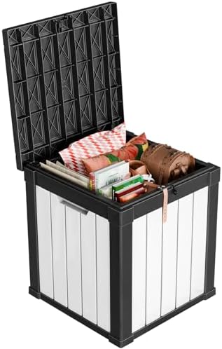 Vixzen 50 Gallon Deck Boxes Outdoor Waterproof, Resin Lockable Storage Box for Patio Cushions Storage Furniture, Garden Tools, Pool Supplies, Weatherproof and UV Resistant (Black and White) by Vixzen