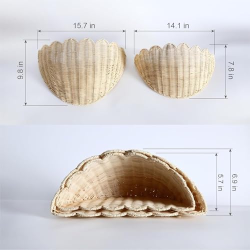 Scalloped Hanging Wicker Baskets for Wall, Scalloped Home Decor, Hanging Woven Rattan Wall Basket for Flowers Front Door Bathroom Storage (Rattan-Set of 2) - Image 3