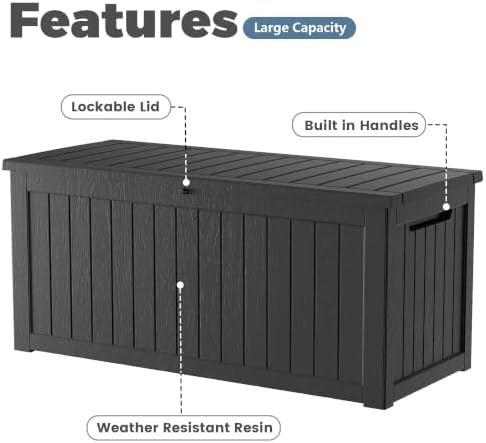 280 Gallon Outdoor Storage Box Waterproof, Lockable Resin Deck Box Large Storage Bin for Patio Furniture Cushion, Garden Tools, Pool Accessories, UV-Resistant, Black - Image 5