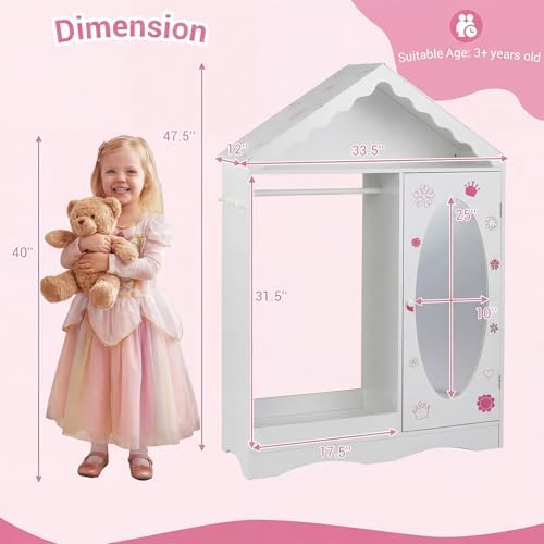 Costzon Kids Dress Up Storage with Mirror, Roofed Wardrobe Closet with Open Hanging Rack, Shelves & Hooks for Children, Kids Armoire & Costume Organizer for Bedroom (White) - Image 6