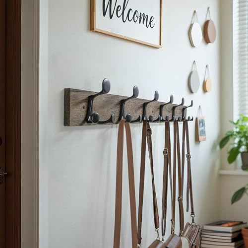 WEBI Coat Rack Wall Mount,36" Solid Wood Coat Hooks Wall Mounted Coat Hanger,16" Hole to Hole,Heavy Duty Hook Rack Rail,6 Triple Hooks for Hanging Coats,Jacket,Clothes,Hat,Weathered Brown,2 Packs - Image 2