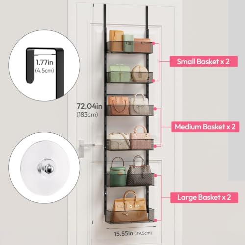 SWTYMIKI Over The Door Purse Organizer - Wall Mounted Purse Rack with 6 Adjustable Metal Basket, Hanging Bag Rack for Handbag Organizer, Bag Storage Can Use As 1/2 Part, for Door - Image 3