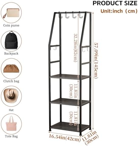 3-Tier Purse Stand Handbag Organizer, Tall Narrow Entryway Closet Bag Organizer, Wood Iron Storage Shelf, 4-in-1, with 8 Removable Hooks(Black) - Image 2