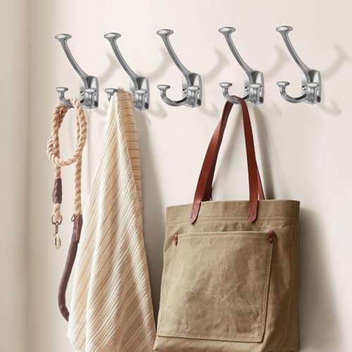 Large Wall Double-Sided Hook 10 Pack Brushed Satin Nickel Hook Decorative Heavy Duty Solid Large Coat Hooks for Towel Hanging Coats Robe Triple Coat Hook Three Prong Hook - Image 5