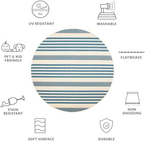 SAFAVIEH Washable Rug Outdoor Courtyard Collection - 6'7" Round, Beige & Blue, Non-Shedding & Easy Cleaning, Ideal for Patio, Backyard, Mudroom (CY6062-233) - Image 5