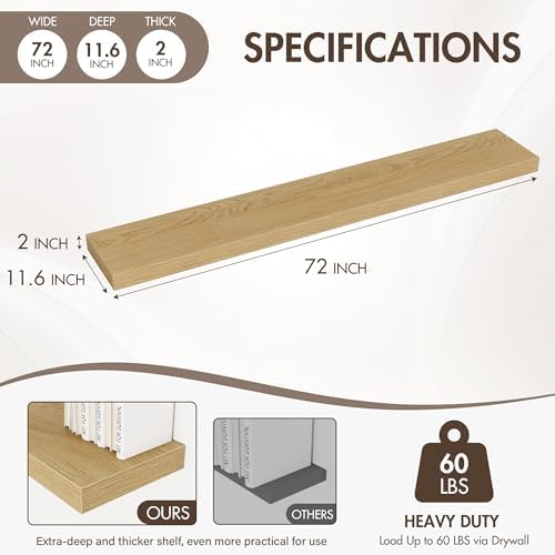 Acovy 72 Inch Floating Shelves, 12" Deep Floating Shelf Wall Mounted, 72" Wall Shelves, Rustic Deep Bookshelf, Extra Deeper & Thicker Display Shelves for Bedroom, Living Room, Oak, Set of 1 - Image 4