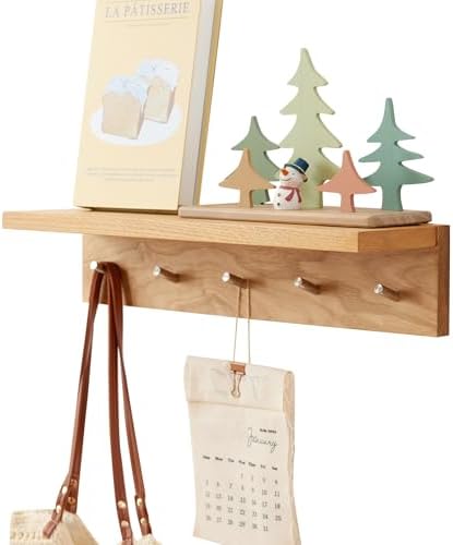 Wall Hooks with Shelf Oak Wood Coat Rack Shelf Wall Mounted, Entryway Shelves with 5 Metal Hangers for Clothes Hats Towel for Bathroom, Bedroom, Living Room (Natural, 20 inches) by RSUWIZ