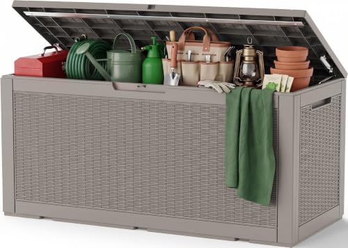 Outdoor Storage Box, 180 Gal Waterproof Resin Deck Box w/Support Rod by ATMELT