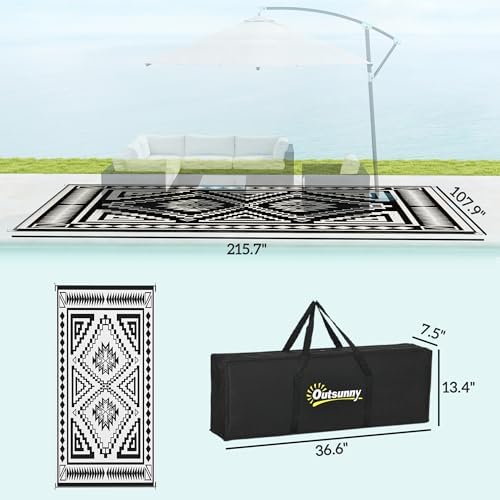Outsunny Outdoor Rug for Patio Waterproof 9' x 18' Black & Gray Square - Image 2