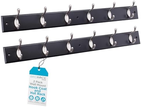 BIRDROCK HOME Oval Hook Coat and Hat Rack | 6 Hooks | 2 Pack | Wall Mount | Black Finish | Satin Nickel Hooks by BIRDROCKHOME