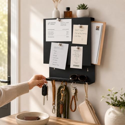 Wall Mounted Key Holder and Mail Organizer with 11 Hooks and 4 Pins,Black - Image 2
