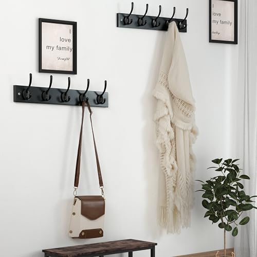 Dseap Wall Mounted Coat Rack: 16" Hole to Hole, Coat Hook Hanger with 5 Metal Hooks for Hanging Coats Towels Hats Clothes, Black, 2 Packs - Image 2