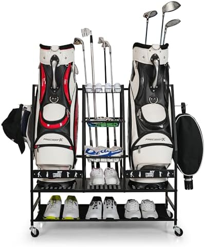 Mythinglogic 2-Bag Golf Storage Organizer with Golf Club and Shoe Storage by Mythinglogic
