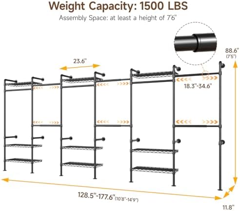 ONBRILL H6 Wall Mounted Closet System, Industrial Pipe Clothes Rack, Black - Image 2