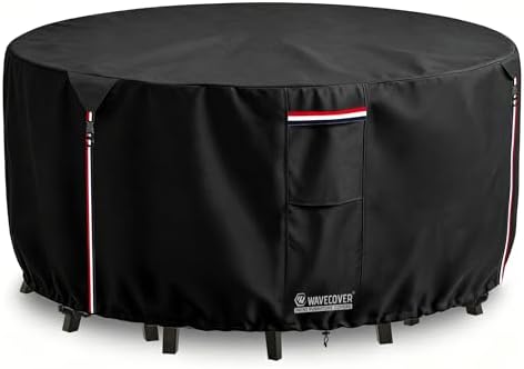 84 Inch Round Patio Table Cover, 600D Heavy Duty Waterproof Outdoor Furniture Cover — Fits Round Patio Table for Patio Furniture 84"Dia x 28"H, All Weather Protection, Black by Wavecover