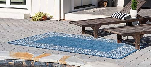 Unique Loom Outdoor Border Collection Area Rug - Floral Border (4' 1" x 6' 1" Rectangle, Blue/ Ivory) - Image 2