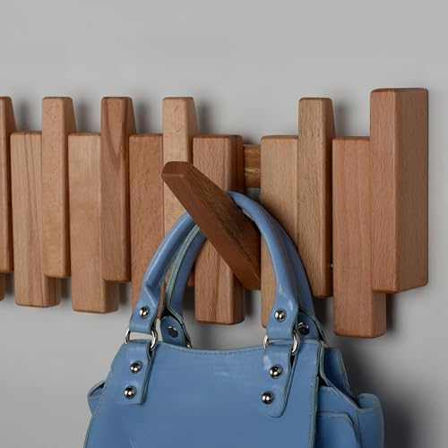Beech Piano Key Coat Rack with 12 Flip Hooks, Natural - Image 4