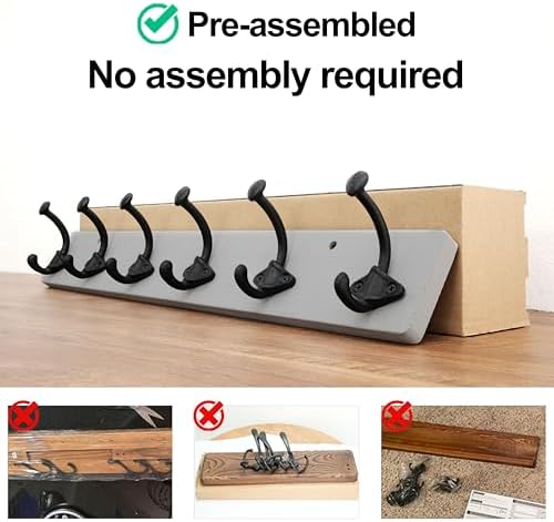 WEBI Rustic Coat Rack Wall Mount,24" Long 6 Cast Iron Coat Hooks Wall Mounted,Heavy Duty Farmhouse Wood Coat Hanger Wall Antique Vintage Hooks for Hanging Jacket,Clothes,Backpack,Gray,2 Packs - Image 5
