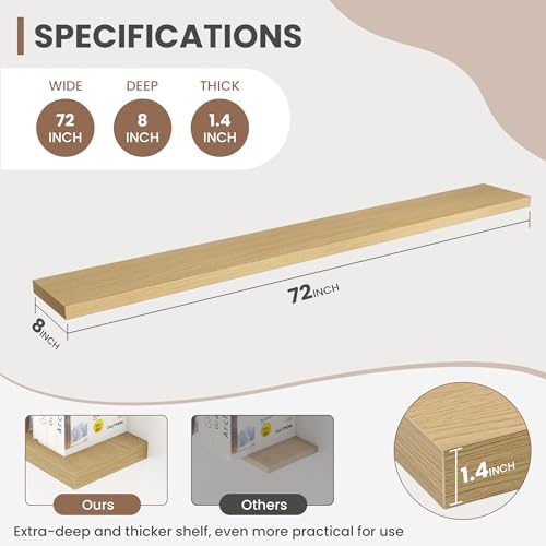 Acovy 72 Inch Floating Shelves, 8 Inch Deep Floating Shelves for Wall, Hanging Shelf with Invisible Brackets, Deep Shelves for Bathroom, Bedroom, Living Room, Oak, Set of 1 - Image 3
