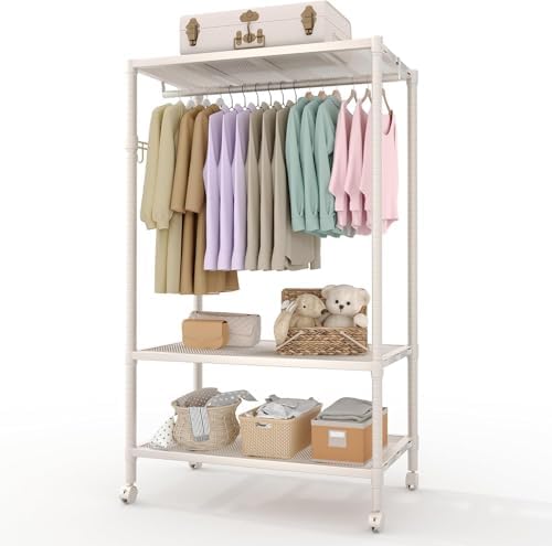 Rolling Clothing Rack Metal Wardrobe Rack 695LBS with Shelves White by Unknown