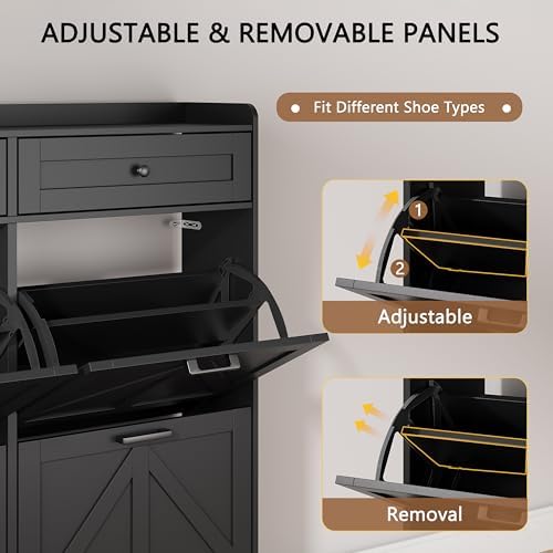 Shoe Cabinet with 3 Flip Drawers & 2 Top Drawers, 57" Tall Freestanding Narrow Wooden Shoe Storage Organizer for Entryway, Hidden Slim Shoe Rack for Front Door Entrance, Hallway, Living Room, Black - Image 3