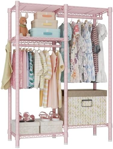 Ulif F1 Clothes Rack for Kids, Baby, Students, and Children's Room, 4 Tiers Portable Metal Closet Clothing Rack, Small Garment Rack with 2 Hanging Rod, 31.2" W x 11.8" D x 48" H, Pink by Ulif