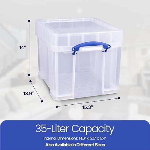 Really Useful Box 35 Liter Plastic Stackable Storage Container with XL Snap Lid & Built-in Clip Lock Handles for Home or Office Organization, 3 Pack - Image 3