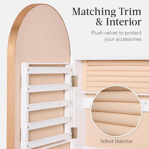 Best Choice Products Arch Mirror Jewelry Cabinet, Jewelry Storage Organizer, Armoire, Lockable Wall or Door Mountable, Full-Length Mirror - Gold - Image 4