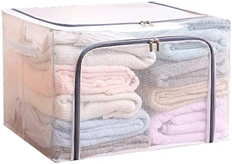 110L Large Foldable Storage Bins Organizer with Durable Handles, Metal Frame, for Clothing | Bed Sheets | Blanket | Comforters | Pillows | Toys, 3 Pack, Clear & Gray Zipper by HANAMYA