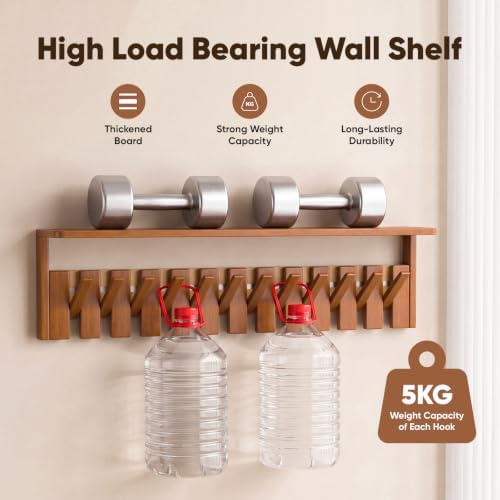 Wall Mounted Coat Rack with Shelf, 12 Flip-Down Hooks, Walnut - Image 4