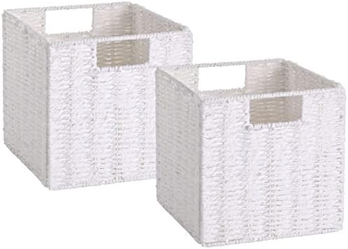 Vagusicc Wicker Storage Basket, Set of 2 Hand-Woven Storage Baskets for Organizing, Foldable Cube Storage Bins, 11 Inch Wicker Storage Baskets for Shelves and Decor, Square Closet Organizer, White by Vagusicc