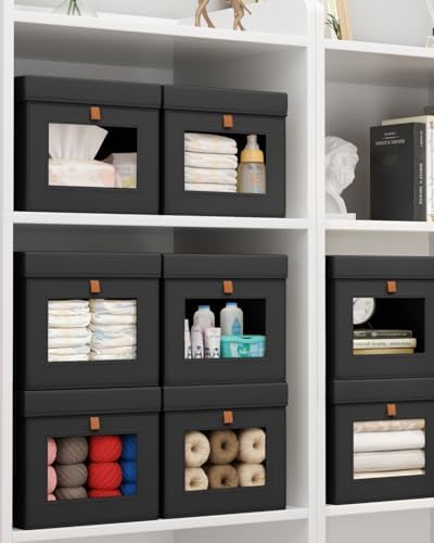 Homsorout Storage Bins with Lid – Closet Organizer with Side Opening and Clear Window, Foldable Stackable Fabric Basket for Clothes, Home, Office - 13.77" x 11.8" x 9.8", 5 Pack, Black - Image 6
