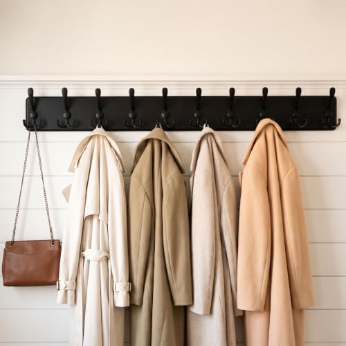 WEBI Coat Rack Wall Mount,38 9/16" Long,10 Tri Hooks for Hanging Coats,16" Hole to Hole,Coat Hooks Wall Mounted Coat Hanger,Farmhouse Wood Hook Rack for Clothes,Jacket,Hats,Rustic Black - Image 2