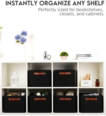 Fabric Storage Bins (15x11x9.5”) – Reinforced 2.5mm Cardboard Shelf Bins with PU Leather Handles – [6-Pack] Durable Storage Baskets for Closet Organization, Toy Organizer, & Home Office – Black - Image 4