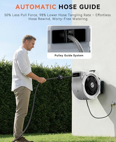 SUNPOW Retractable Garden Hose Reel - 1/2" x 100ft Wall Mounted Hose Reel with 3/4'' Brass Fitting & 10-Pattern Nozzle - Auto Slow Retraction, Any-Length Lock, 180°Swivel for Lawn & Gardening - Image 6