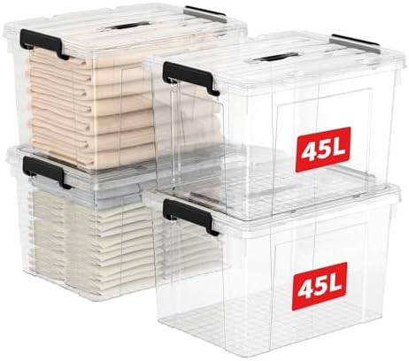 Cetomo Lidded Storage Bin with Handle, Storage Bins with Lid, Organizing Container with Secure Latching Buckles, Stackable and Nestable, Plastic, 50 Quart-4 Pack, Clear by Cetomo